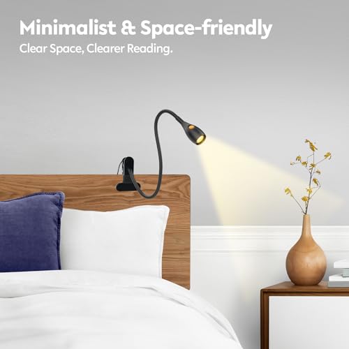 acegoo Minimalistische Leselampe mit Clip für das Kopfteil des Bettes, dimmbare Buchleuchte, 3000 K/Bernsteinlicht mit USB-C-Adapter, flexibler Gänsehals und praktischer Kopfschalter