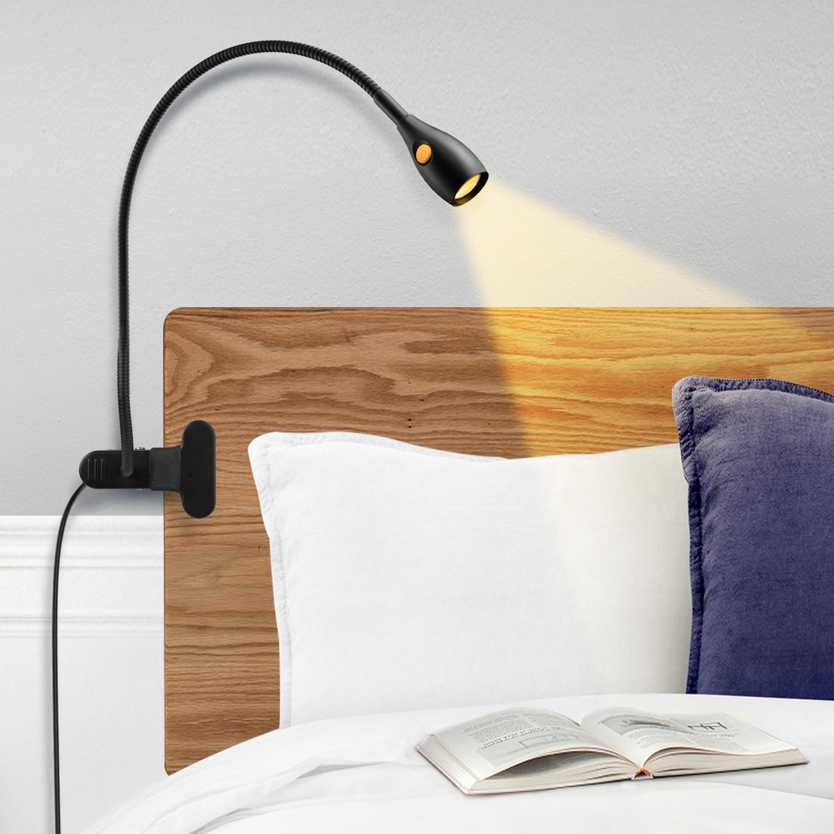 acegoo Minimalistische Leselampe mit Clip für das Kopfteil des Bettes, dimmbare Buchleuchte, 3000 K/Bernsteinlicht mit USB-C-Adapter, flexibler Gänsehals und praktischer Kopfschalter
