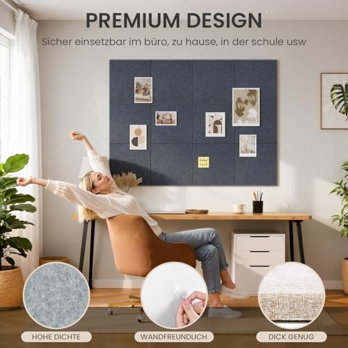 Großes Kork Board Alternative Pinnwand, 90 x 60 cm, 6 Stück, Filzkork-Tafel, Fliesen für die Wand mit 50 Pinnnadeln für Büro, Schule, Zuhause