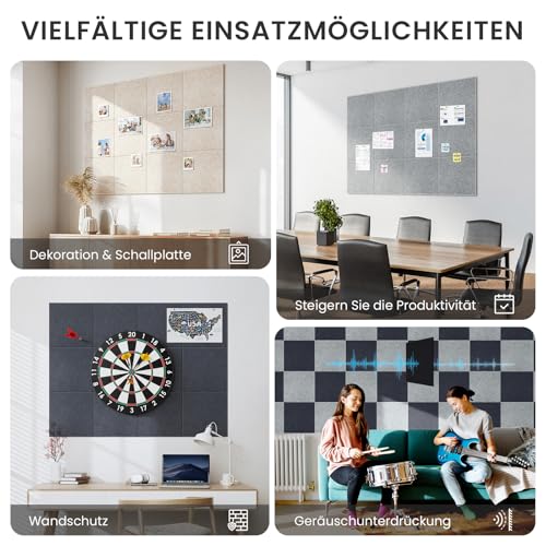 Großes Kork Board Alternative Pinnwand, 90 x 60 cm, 6 Stück, Filzkork-Tafel, Fliesen für die Wand mit 50 Pinnnadeln für Büro, Schule, Zuhause