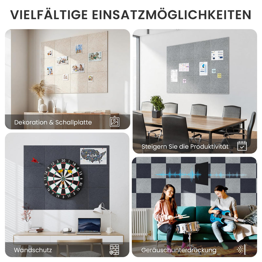 Großes Kork Board Alternative Pinnwand, 90 x 60 cm, 6 Stück, Filzkork-Tafel, Fliesen für die Wand mit 50 Pinnnadeln für Büro, Schule, Zuhause