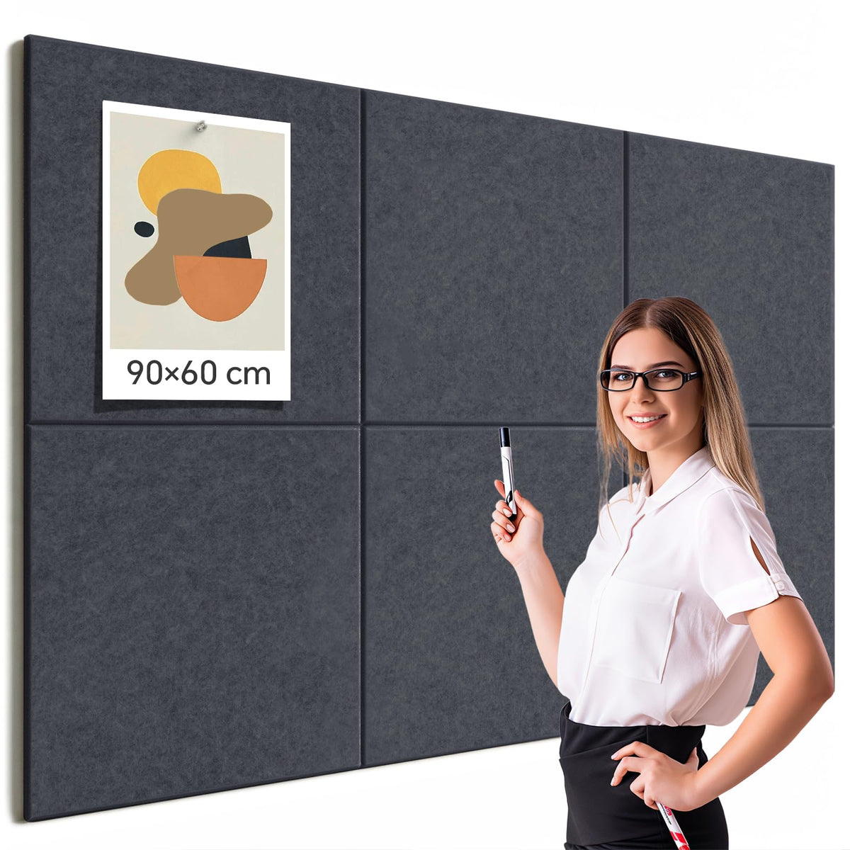 Großes Kork Board Alternative Pinnwand, 90 x 60 cm, 6 Stück, Filzkork-Tafel, Fliesen für die Wand mit 50 Pinnnadeln für Büro, Schule, Zuhause