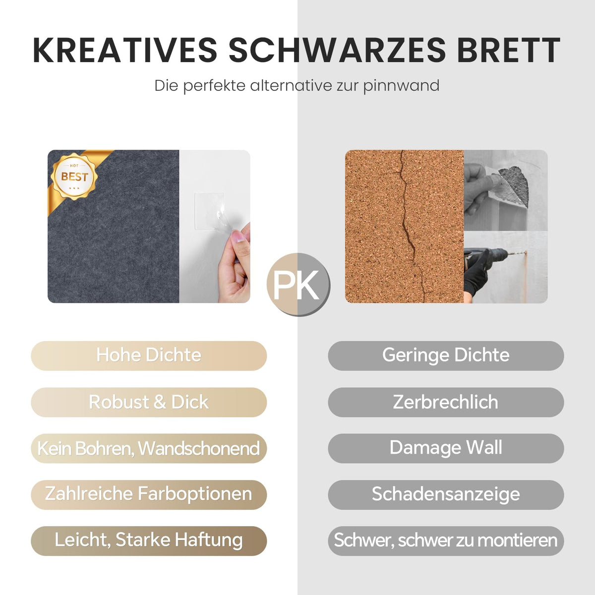 Großes Kork Board Alternative Pinnwand, 90 x 60 cm, 6 Stück, Filzkork-Tafel, Fliesen für die Wand mit 50 Pinnnadeln für Büro, Schule, Zuhause