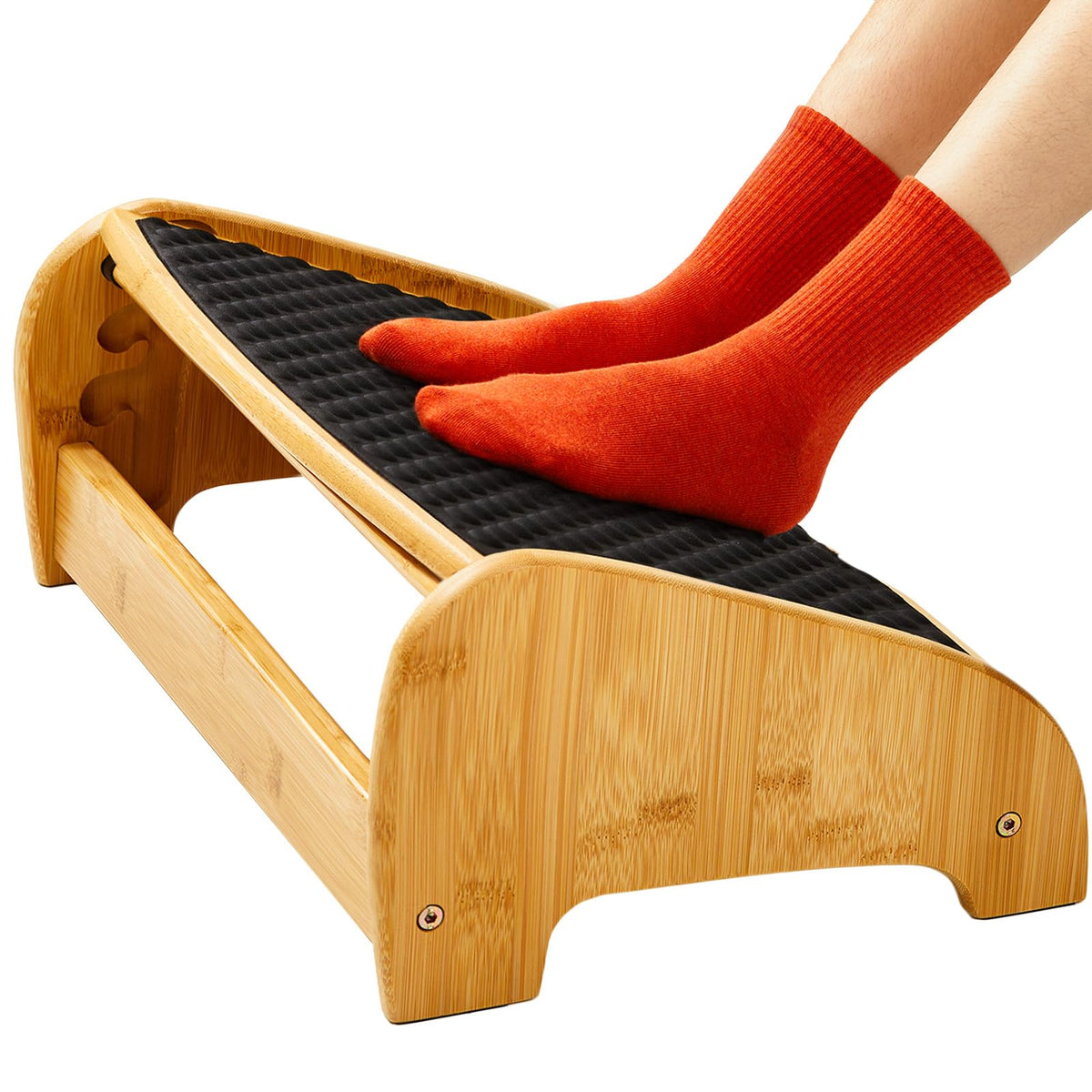 HUANUO Bambus Fußstütze Schreibtisch, ergonomisch mit 4 Höhen & verstellbaren Winkeln, Kieselstein-Massagefläche, rutschfest Fußstütze unterm Schreibtisch, Verbesserung der Arbeitshaltung, Haus & Büro