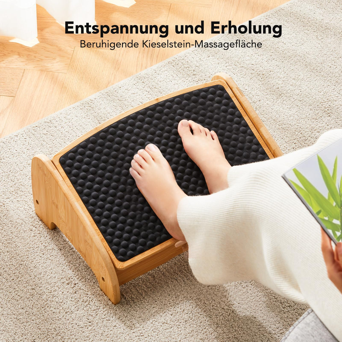 HUANUO Bambus Fußstütze Schreibtisch, ergonomisch mit 4 Höhen & verstellbaren Winkeln, Kieselstein-Massagefläche, rutschfest Fußstütze unterm Schreibtisch, Verbesserung der Arbeitshaltung, Haus & Büro