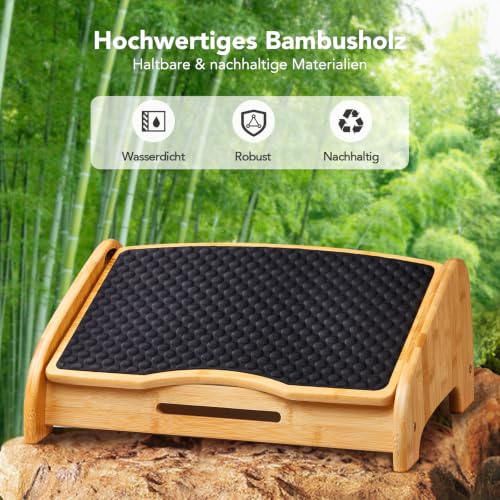 HUANUO Bambus Fußstütze Schreibtisch, ergonomisch mit 4 Höhen & verstellbaren Winkeln, Kieselstein-Massagefläche, rutschfest Fußstütze unterm Schreibtisch, Verbesserung der Arbeitshaltung, Haus & Büro
