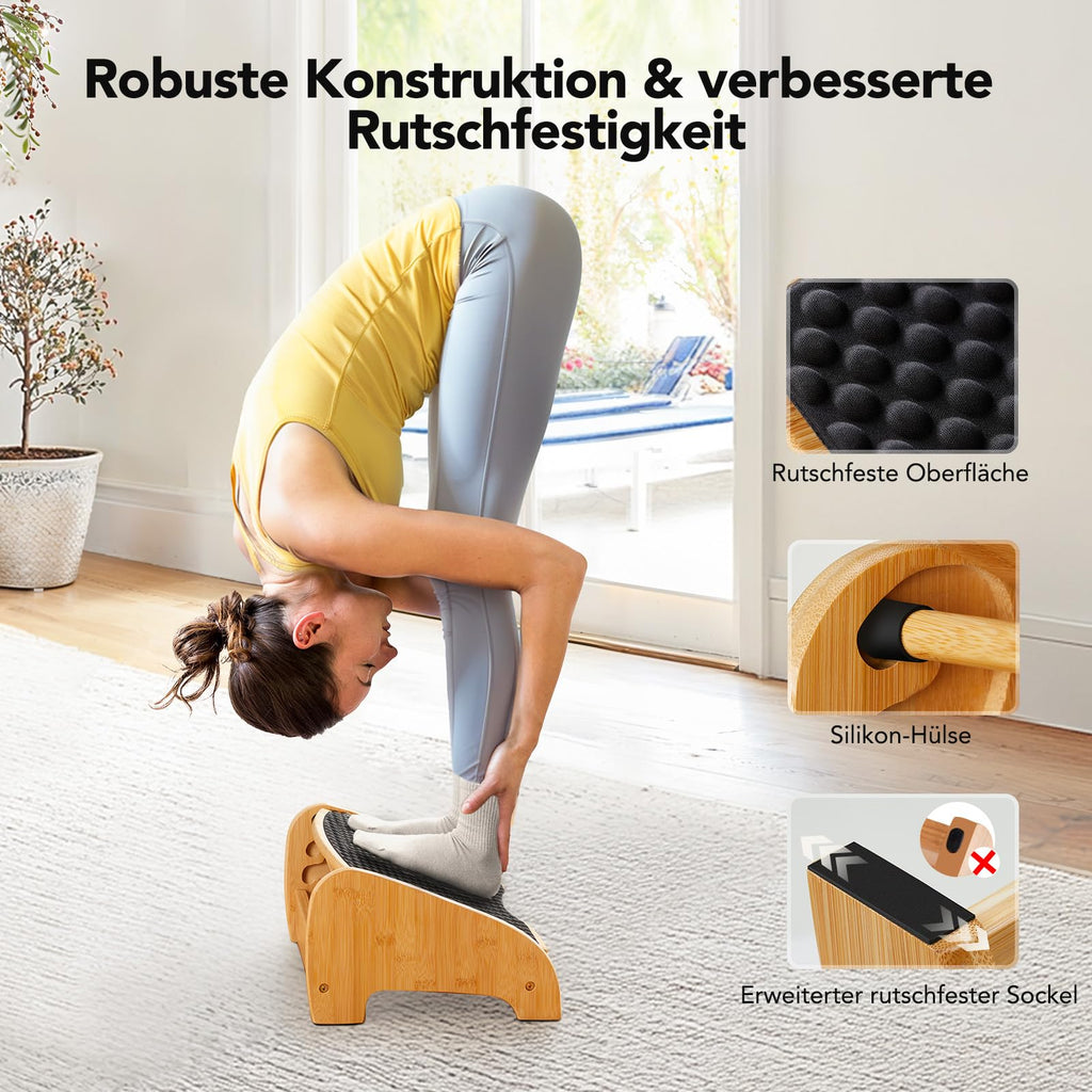 HUANUO Bambus Fußstütze Schreibtisch, ergonomisch mit 4 Höhen & verstellbaren Winkeln, Kieselstein-Massagefläche, rutschfest Fußstütze unterm Schreibtisch, Verbesserung der Arbeitshaltung, Haus & Büro