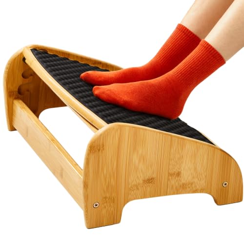 HUANUO Bambus Fußstütze Schreibtisch, ergonomisch mit 4 Höhen & verstellbaren Winkeln, Kieselstein-Massagefläche, rutschfest Fußstütze unterm Schreibtisch, Verbesserung der Arbeitshaltung, Haus & Büro