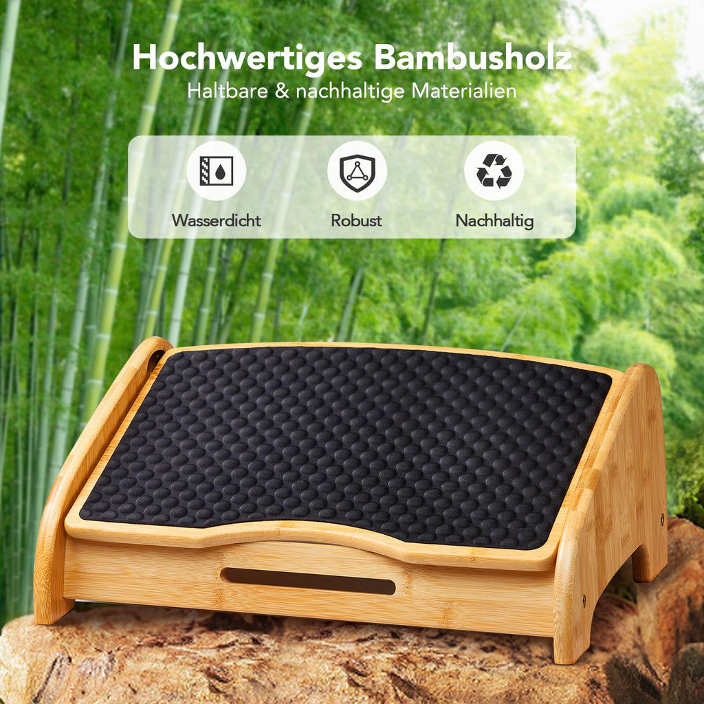 HUANUO Bambus Fußstütze Schreibtisch, ergonomisch mit 4 Höhen & verstellbaren Winkeln, Kieselstein-Massagefläche, rutschfest Fußstütze unterm Schreibtisch, Verbesserung der Arbeitshaltung, Haus & Büro