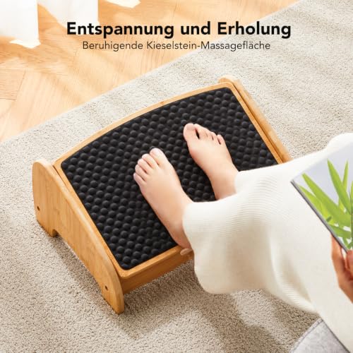 HUANUO Bambus Fußstütze Schreibtisch, ergonomisch mit 4 Höhen & verstellbaren Winkeln, Kieselstein-Massagefläche, rutschfest Fußstütze unterm Schreibtisch, Verbesserung der Arbeitshaltung, Haus & Büro