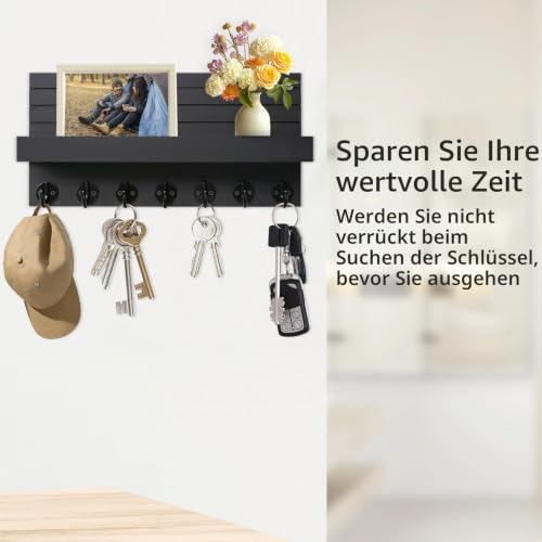 Schlüsselbrett Holz mit Ablage Moderne Schlüsselhalter/Schlüsselboard und 7 Schlüsselhaken Schlüsselaufbewahrung für Eingang, Flur, Schlafzimmer, Wohnzimmer (Schwarz)