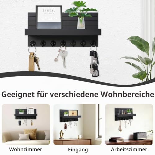 Schlüsselbrett Holz mit Ablage Moderne Schlüsselhalter/Schlüsselboard und 7 Schlüsselhaken Schlüsselaufbewahrung für Eingang, Flur, Schlafzimmer, Wohnzimmer (Schwarz)