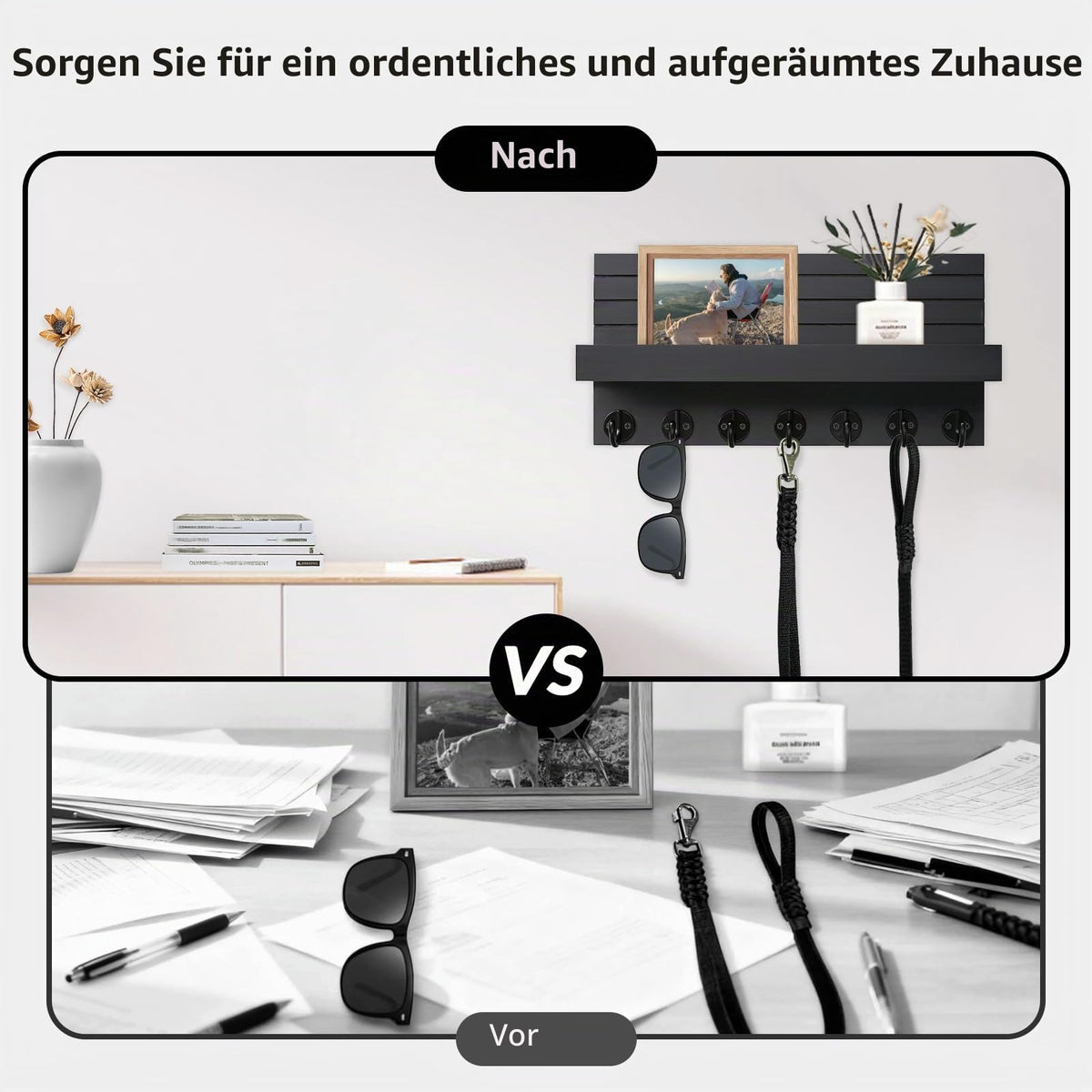 Schlüsselbrett Holz mit Ablage Moderne Schlüsselhalter/Schlüsselboard und 7 Schlüsselhaken Schlüsselaufbewahrung für Eingang, Flur, Schlafzimmer, Wohnzimmer (Schwarz)