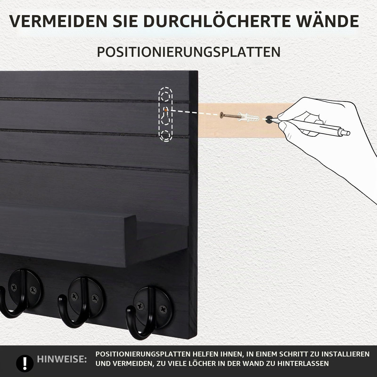 Schlüsselbrett Holz mit Ablage Moderne Schlüsselhalter/Schlüsselboard und 7 Schlüsselhaken Schlüsselaufbewahrung für Eingang, Flur, Schlafzimmer, Wohnzimmer (Schwarz)
