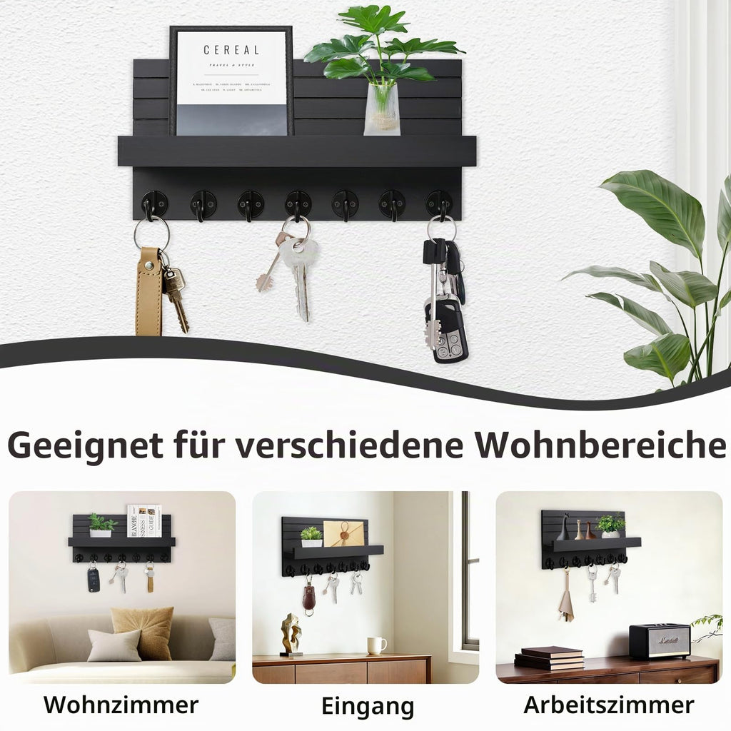 Schlüsselbrett Holz mit Ablage Moderne Schlüsselhalter/Schlüsselboard und 7 Schlüsselhaken Schlüsselaufbewahrung für Eingang, Flur, Schlafzimmer, Wohnzimmer (Schwarz)