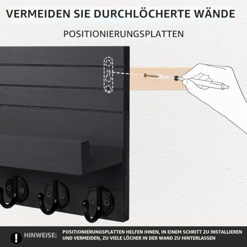 Schlüsselbrett Holz mit Ablage Moderne Schlüsselhalter/Schlüsselboard und 7 Schlüsselhaken Schlüsselaufbewahrung für Eingang, Flur, Schlafzimmer, Wohnzimmer (Schwarz)