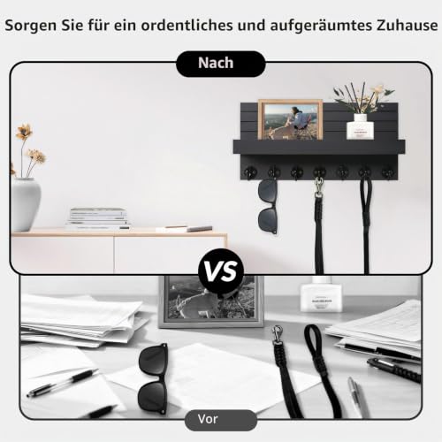 Schlüsselbrett Holz mit Ablage Moderne Schlüsselhalter/Schlüsselboard und 7 Schlüsselhaken Schlüsselaufbewahrung für Eingang, Flur, Schlafzimmer, Wohnzimmer (Schwarz)