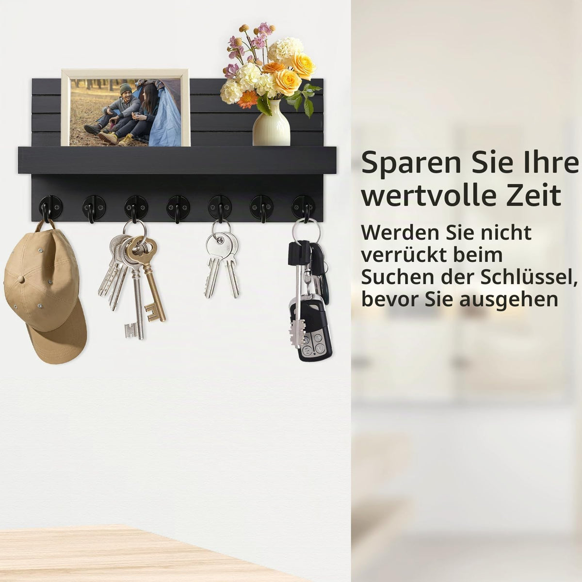 Schlüsselbrett Holz mit Ablage Moderne Schlüsselhalter/Schlüsselboard und 7 Schlüsselhaken Schlüsselaufbewahrung für Eingang, Flur, Schlafzimmer, Wohnzimmer (Schwarz)