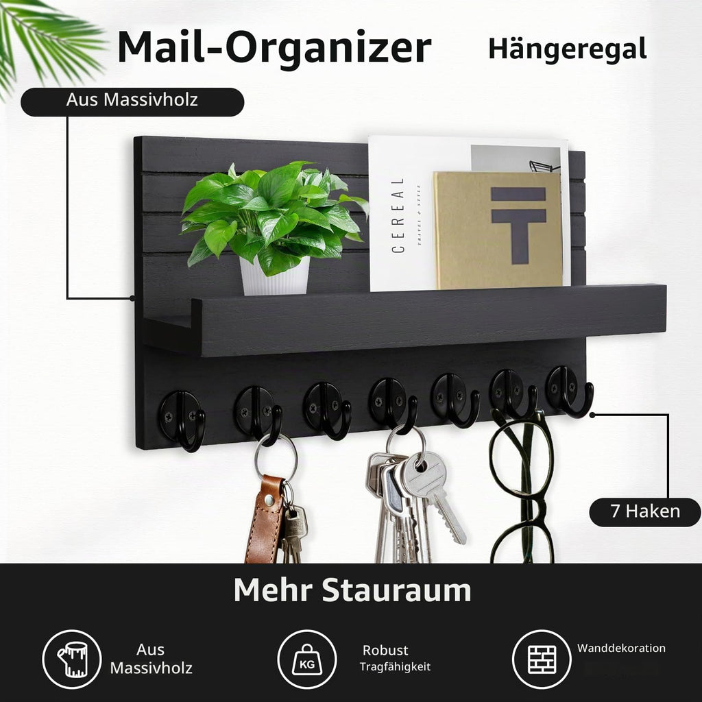 Schlüsselbrett Holz mit Ablage Moderne Schlüsselhalter/Schlüsselboard und 7 Schlüsselhaken Schlüsselaufbewahrung für Eingang, Flur, Schlafzimmer, Wohnzimmer (Schwarz)