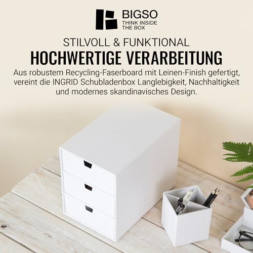 BIGSO INGRID Schubladenbox für Dokumente und Bürobedarf – Schreibtisch Organizer mit 3 Schubladen – Ablagesystem aus Faserplatte und Papier in Leinenoptik - Weiß