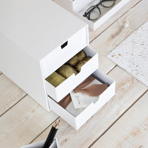 BIGSO INGRID Schubladenbox für Dokumente und Bürobedarf – Schreibtisch Organizer mit 3 Schubladen – Ablagesystem aus Faserplatte und Papier in Leinenoptik - Weiß