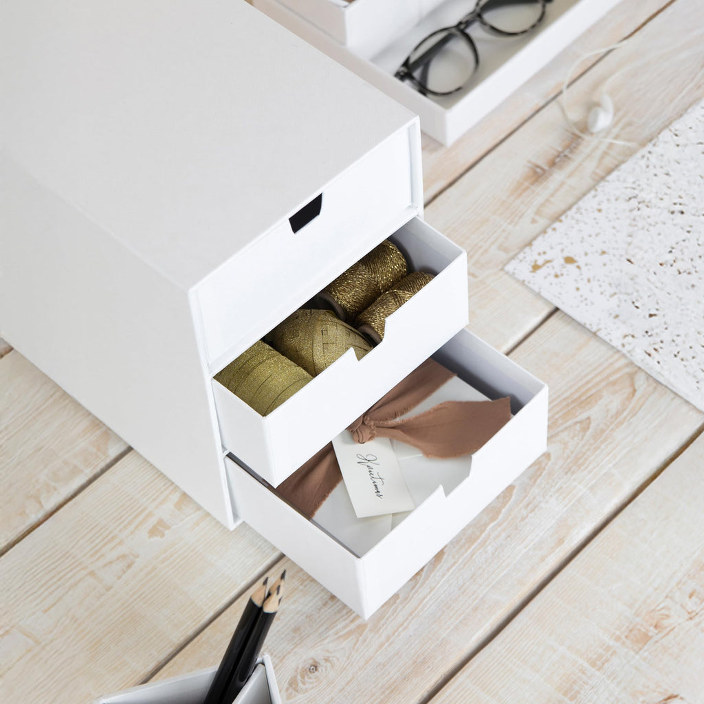 BIGSO INGRID Schubladenbox für Dokumente und Bürobedarf – Schreibtisch Organizer mit 3 Schubladen – Ablagesystem aus Faserplatte und Papier in Leinenoptik - Weiß