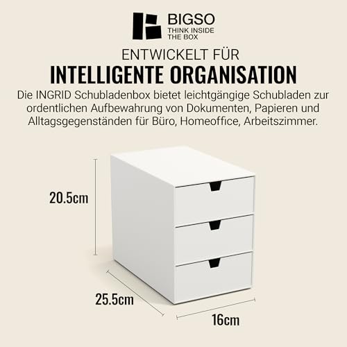 BIGSO INGRID Schubladenbox für Dokumente und Bürobedarf – Schreibtisch Organizer mit 3 Schubladen – Ablagesystem aus Faserplatte und Papier in Leinenoptik - Weiß