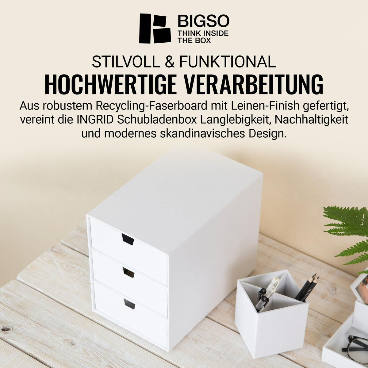 BIGSO INGRID Schubladenbox für Dokumente und Bürobedarf – Schreibtisch Organizer mit 3 Schubladen – Ablagesystem aus Faserplatte und Papier in Leinenoptik - Weiß