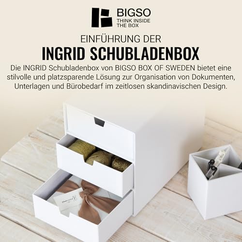 BIGSO INGRID Schubladenbox für Dokumente und Bürobedarf – Schreibtisch Organizer mit 3 Schubladen – Ablagesystem aus Faserplatte und Papier in Leinenoptik - Weiß