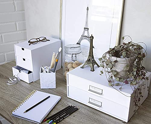 BIGSO INGRID Schubladenbox für Dokumente und Bürobedarf – Schreibtisch Organizer mit 3 Schubladen – Ablagesystem aus Faserplatte und Papier in Leinenoptik - Weiß