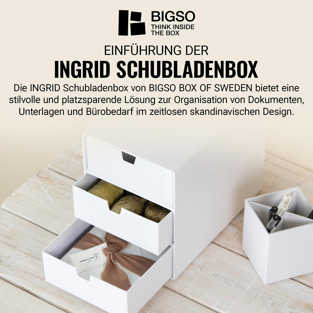 BIGSO INGRID Schubladenbox für Dokumente und Bürobedarf – Schreibtisch Organizer mit 3 Schubladen – Ablagesystem aus Faserplatte und Papier in Leinenoptik - Weiß