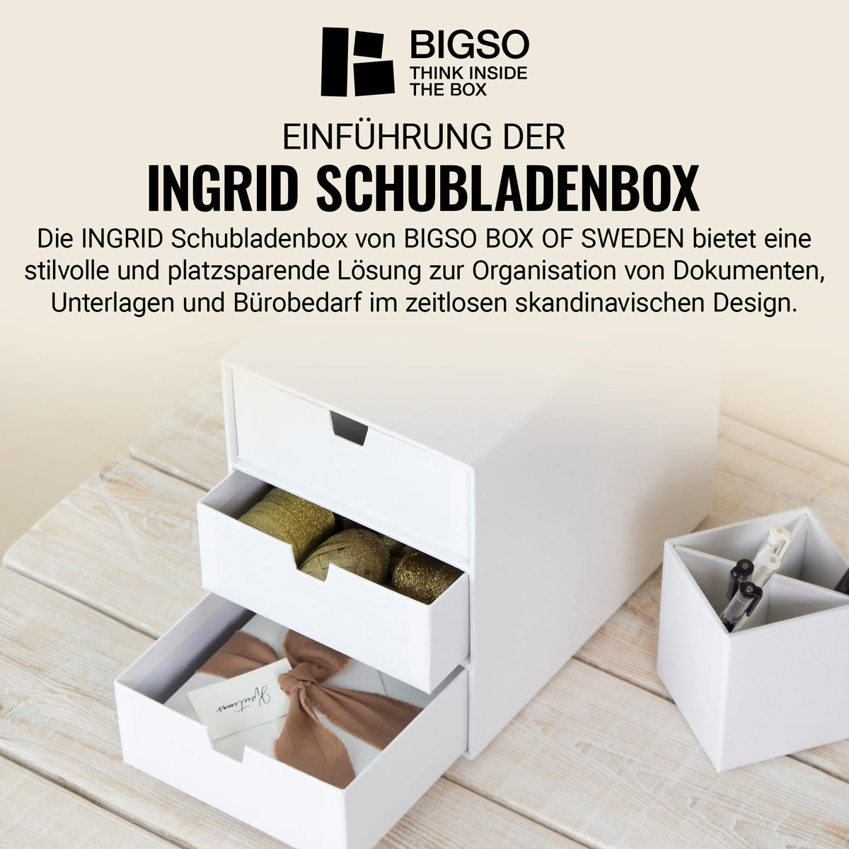 BIGSO INGRID Schubladenbox für Dokumente und Bürobedarf – Schreibtisch Organizer mit 3 Schubladen – Ablagesystem aus Faserplatte und Papier in Leinenoptik - Weiß