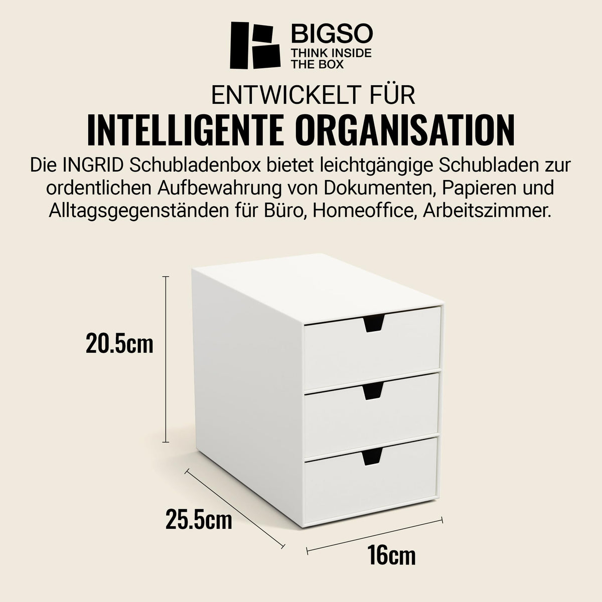 BIGSO INGRID Schubladenbox für Dokumente und Bürobedarf – Schreibtisch Organizer mit 3 Schubladen – Ablagesystem aus Faserplatte und Papier in Leinenoptik - Weiß