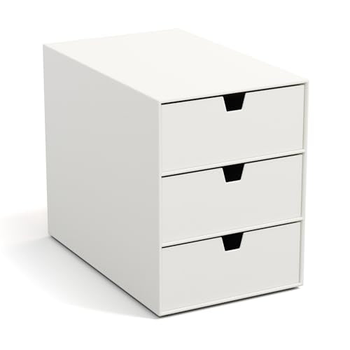 BIGSO INGRID Schubladenbox für Dokumente und Bürobedarf – Schreibtisch Organizer mit 3 Schubladen – Ablagesystem aus Faserplatte und Papier in Leinenoptik - Weiß