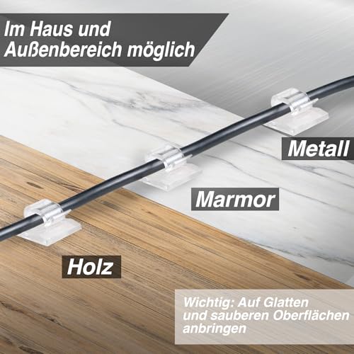 Kabelhalter selbstklebend, starker Kleber, 50 Stück, Indoor & Outdoor - Kabelclips für Kabelmanagement - Kabelklemmen & Kabelorganisator an allen Möbeln - Kabelbefestigung Lichterkette(transparent)