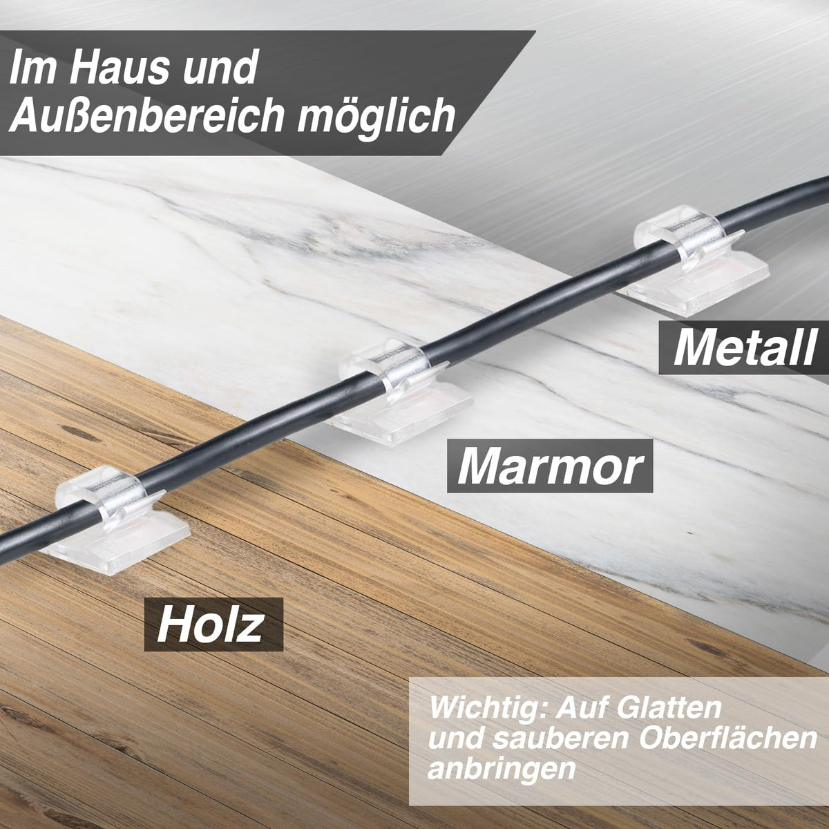 Kabelhalter selbstklebend, starker Kleber, 50 Stück, Indoor & Outdoor - Kabelclips für Kabelmanagement - Kabelklemmen & Kabelorganisator an allen Möbeln - Kabelbefestigung Lichterkette(transparent)
