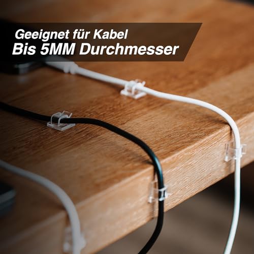 Kabelhalter selbstklebend, starker Kleber, 50 Stück, Indoor & Outdoor - Kabelclips für Kabelmanagement - Kabelklemmen & Kabelorganisator an allen Möbeln - Kabelbefestigung Lichterkette(transparent)