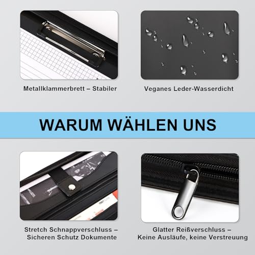 Leathario Schreibmappe A4 mit 5er Register DIN A4，Konferenzmappe mit 4 Ringbuch，Dokumentenmappe mit Reißverschluss, Klemmbrett,Blumenmuster,Ordner für Meeting, Business,Mappe für Schule, Uni