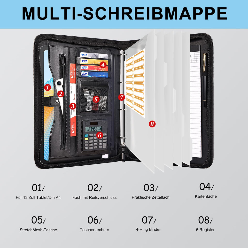 Leathario Schreibmappe A4 mit 5er Register DIN A4，Konferenzmappe mit 4 Ringbuch，Dokumentenmappe mit Reißverschluss, Klemmbrett,Blumenmuster,Ordner für Meeting, Business,Mappe für Schule, Uni