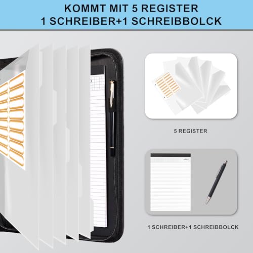 Leathario Schreibmappe A4 mit 5er Register DIN A4，Konferenzmappe mit 4 Ringbuch，Dokumentenmappe mit Reißverschluss, Klemmbrett,Blumenmuster,Ordner für Meeting, Business,Mappe für Schule, Uni