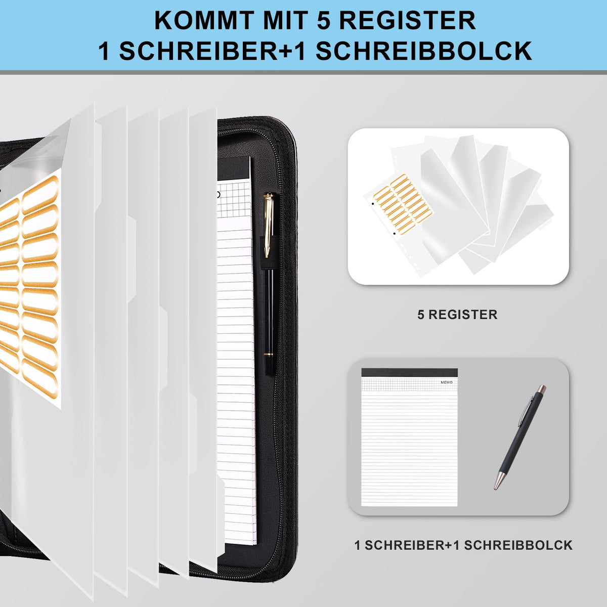 Leathario Schreibmappe A4 mit 5er Register DIN A4，Konferenzmappe mit 4 Ringbuch，Dokumentenmappe mit Reißverschluss, Klemmbrett,Blumenmuster,Ordner für Meeting, Business,Mappe für Schule, Uni