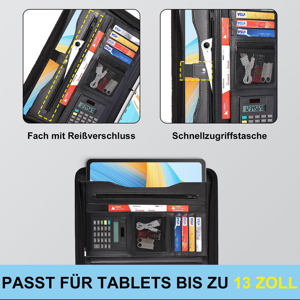 Leathario Schreibmappe A4 mit 5er Register DIN A4，Konferenzmappe mit 4 Ringbuch，Dokumentenmappe mit Reißverschluss, Klemmbrett,Blumenmuster,Ordner für Meeting, Business,Mappe für Schule, Uni