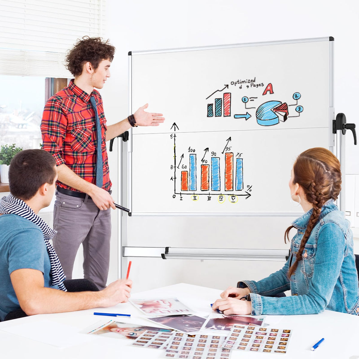 VIZ-PRO Mobiles Whiteboard mit Ständer 120 x 90 cm, Doppelseitig Magnetisch