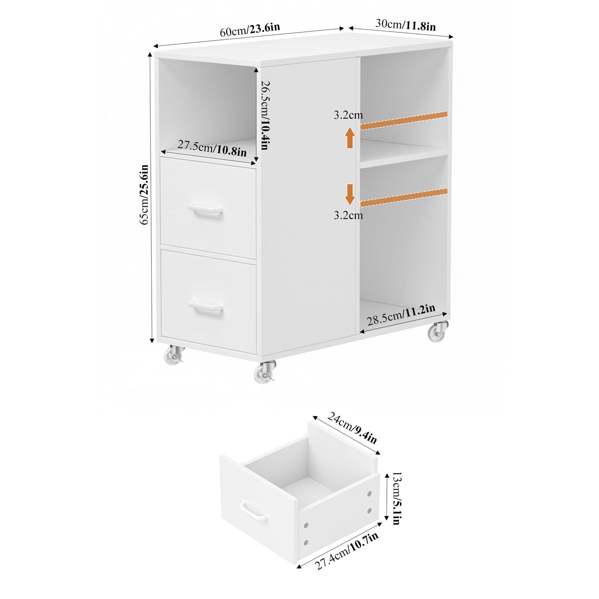 HOCSOK Rollcontainer Schreibtisch mit Verstellbarer Einlegeboden, Weiß