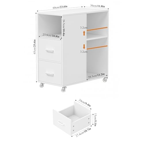 HOCSOK Rollcontainer Schreibtisch mit Verstellbarer Einlegeboden, Weiß