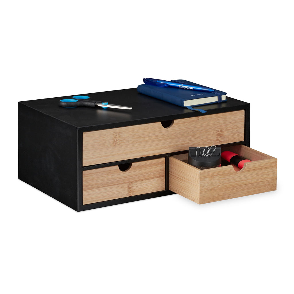 Relaxdays Schreibtisch Organizer, 3 Schubladen, Bambus & MDF, Schreibtischbutler Büro, HBT: 13,5x33x21 cm, Natur/schwarz