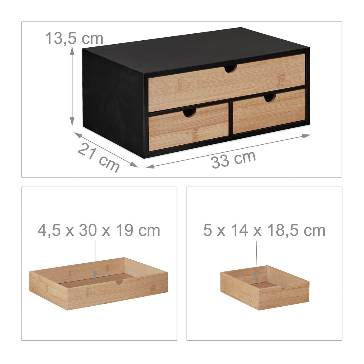 Relaxdays Schreibtisch Organizer, 3 Schubladen, Bambus & MDF, Schreibtischbutler Büro, HBT: 13,5x33x21 cm, Natur/schwarz