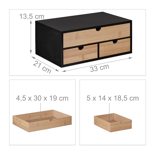 Relaxdays Schreibtisch Organizer, 3 Schubladen, Bambus & MDF, Schreibtischbutler Büro, HBT: 13,5x33x21 cm, Natur/schwarz
