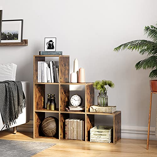 VASAGLE Custos Kollektion - Treppenregal, Bücherregal, Stufenregal, Standregal, mit 6 Würfeln, Leiterregal, Raumteiler, Würfelregal, freistehend, Büro Wohnzimmer Schlafzimmer, vintagebraun LBC63BX