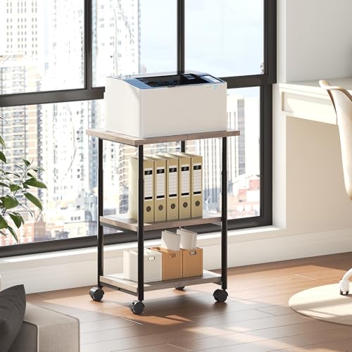 HOOBRO Druckertisch, Druckerwagen mit arretierbaren Rädern, Druckerständer rollbar mit 3 Ebenen, höhenverstellbar, leicht zu montieren, 48,5 x 40 x 67 cm, für Büro, Greige-Schwarz EBG03PS01G1